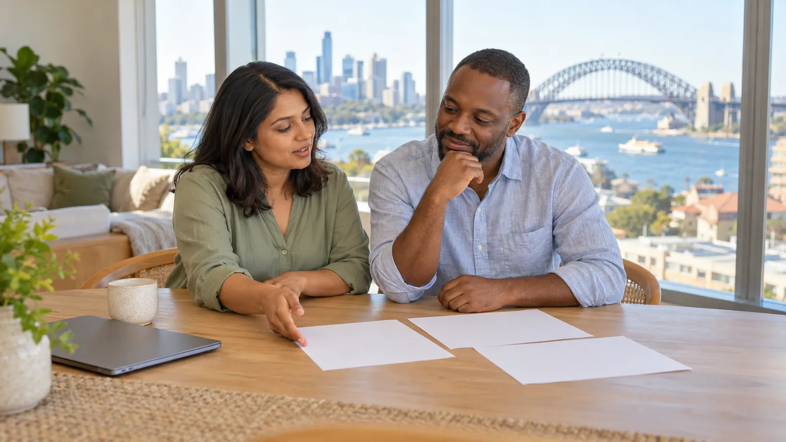 Two adults discuss blank papers at a table in a sunlit apartment overlooking Sydney Harbour Bridge.