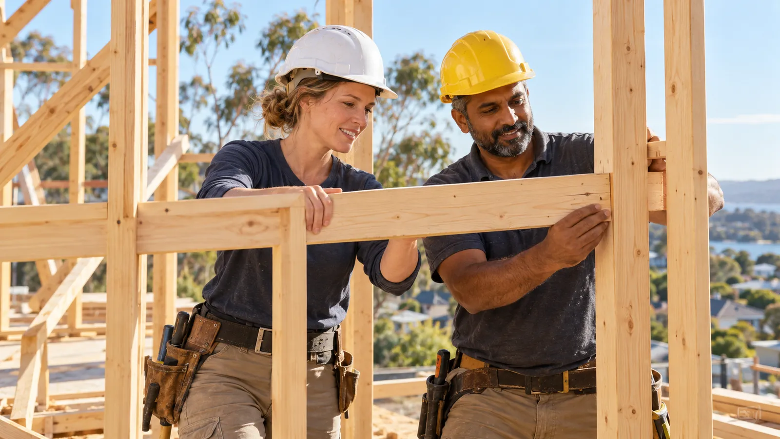 Two carpenters in hard hats fit a timber beam into the frame of a house at a sunny Australian building site.