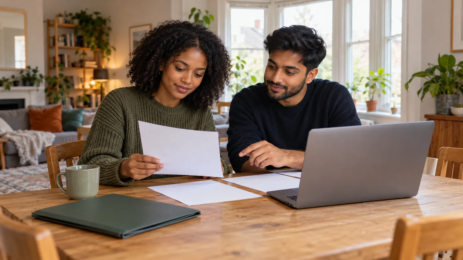 Two young adults organise papers beside a laptop at a wooden table in a bright home.