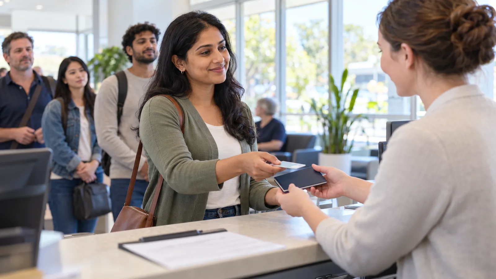 A woman hands her driving licence and passport to a staff member at a bright Australian service centre.