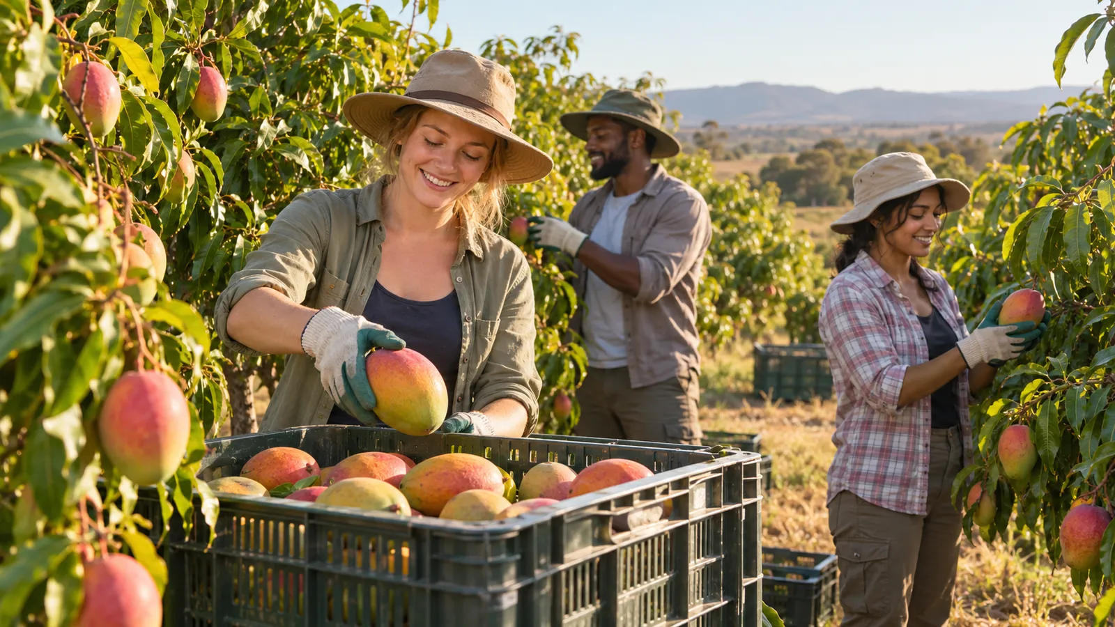 Three seasonal workers pick ripe mangoes and fill crates in a sunlit Australian orchard.