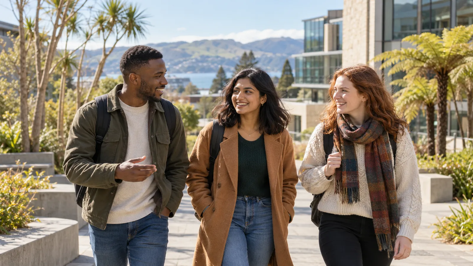 Three students with backpacks chat as they walk through a sunny New Zealand university courtyard.