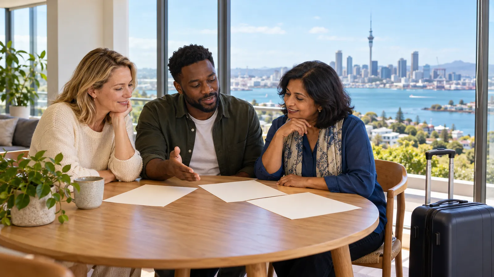 Three adults discuss blank papers around a table, with a suitcase nearby and Auckland’s harbour and skyline beyond the windows.