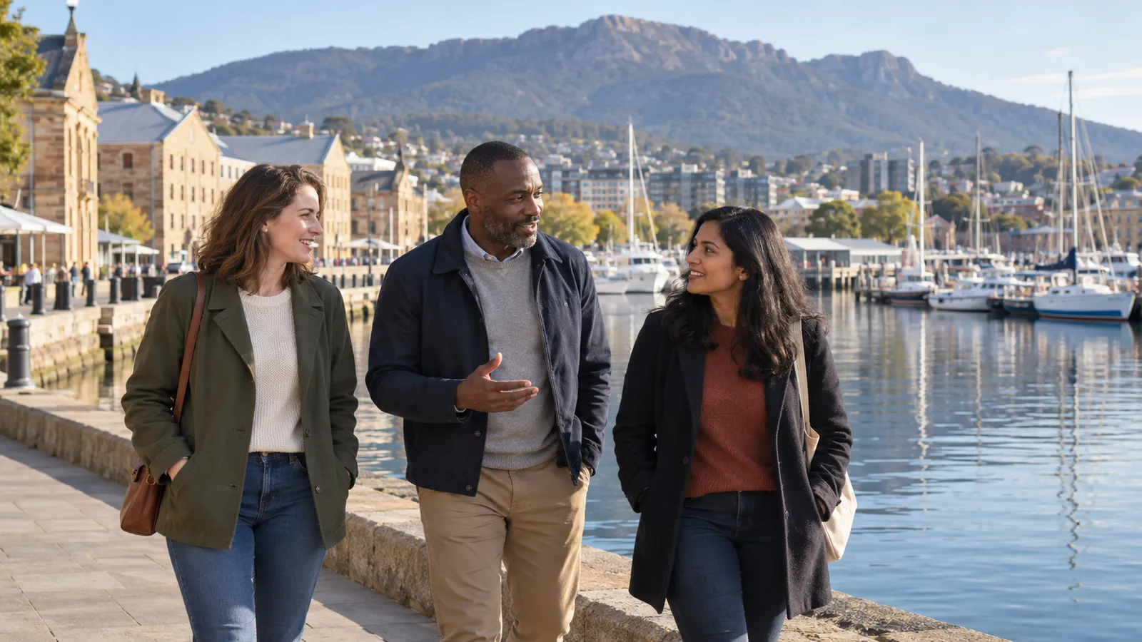 Three adults chat as they walk along Hobart’s waterfront, with yachts, sandstone buildings and kunanyi behind them.