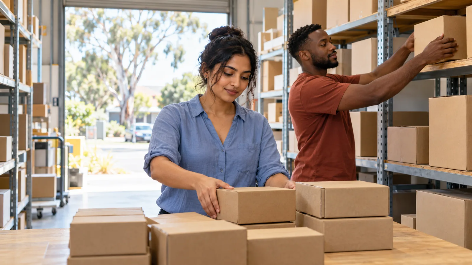 A woman sorts parcels while a man stocks shelves in a sunlit Australian stockroom.