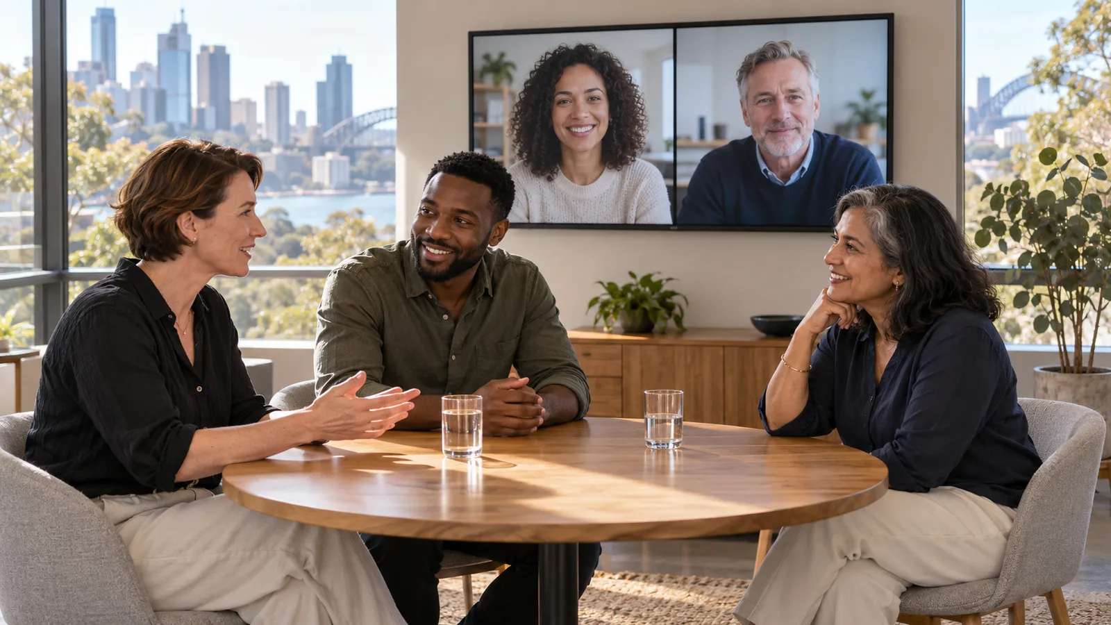 Three colleagues meet around a table in a sunlit Sydney office, with two remote teammates joining on a wall-mounted screen.