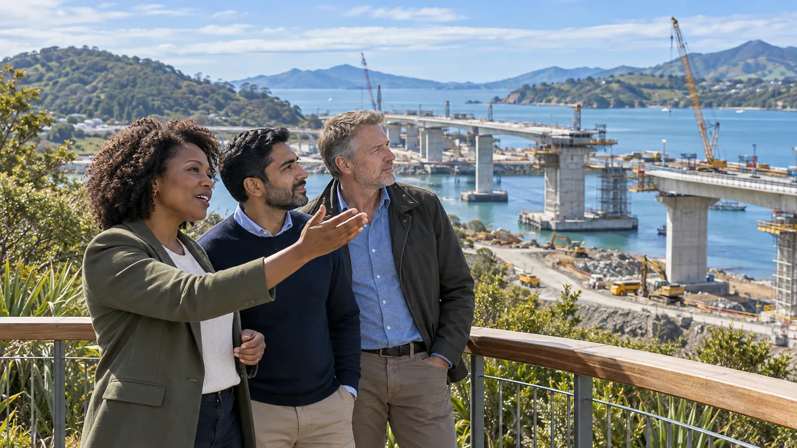 Three professionals discuss a bridge under construction beside a New Zealand harbour, with cranes and green hills behind them.