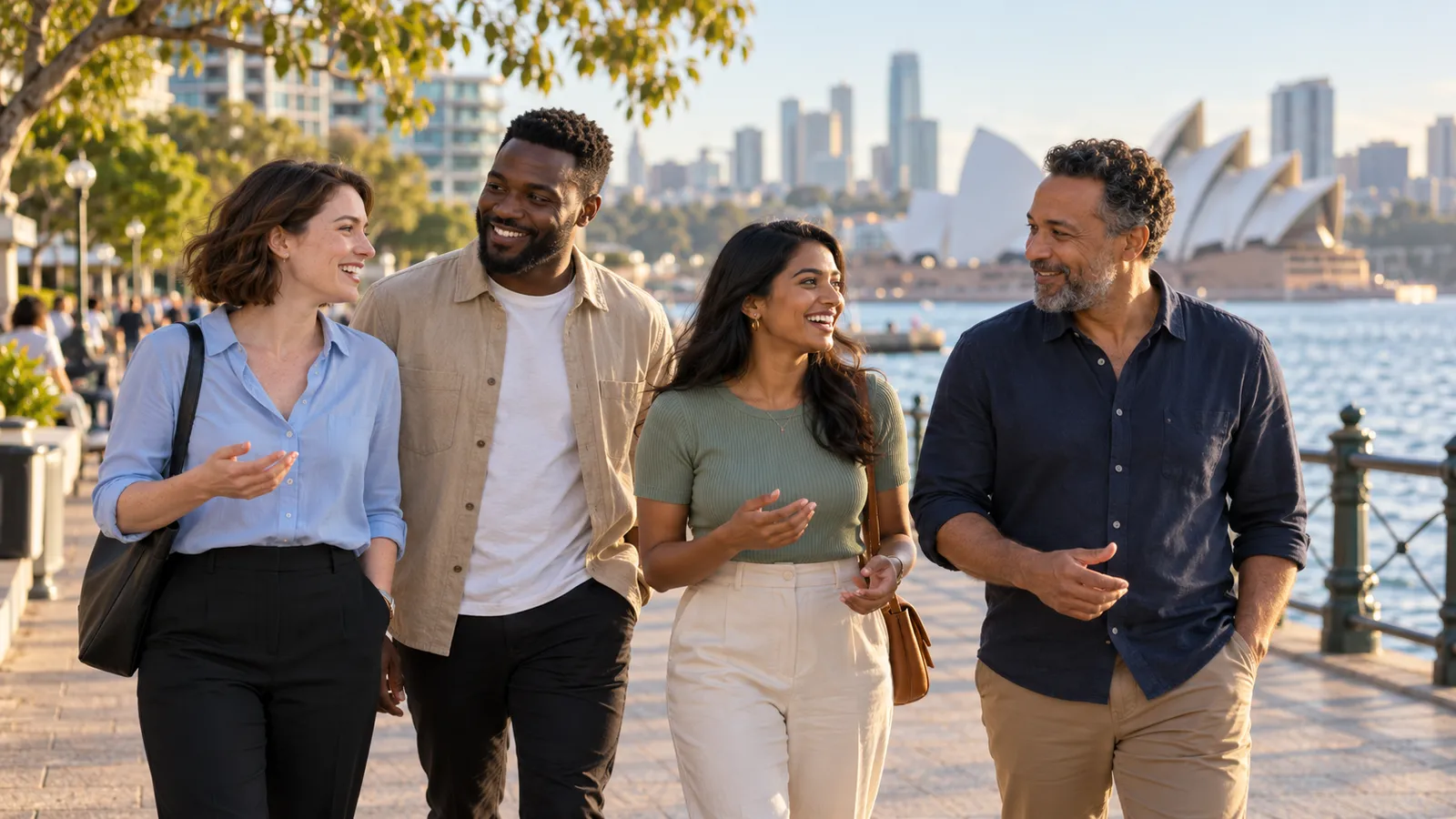 Four adults chat while walking beside Sydney Harbour, with the Opera House in the background.