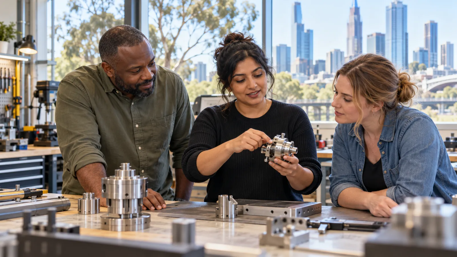 Three colleagues examine a metal component in a sunlit Melbourne workshop overlooking the city.