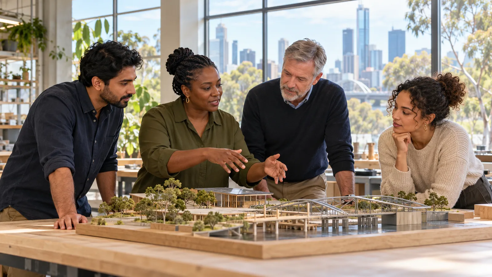 Four colleagues discuss an architectural model in a sunlit studio overlooking an Australian city.