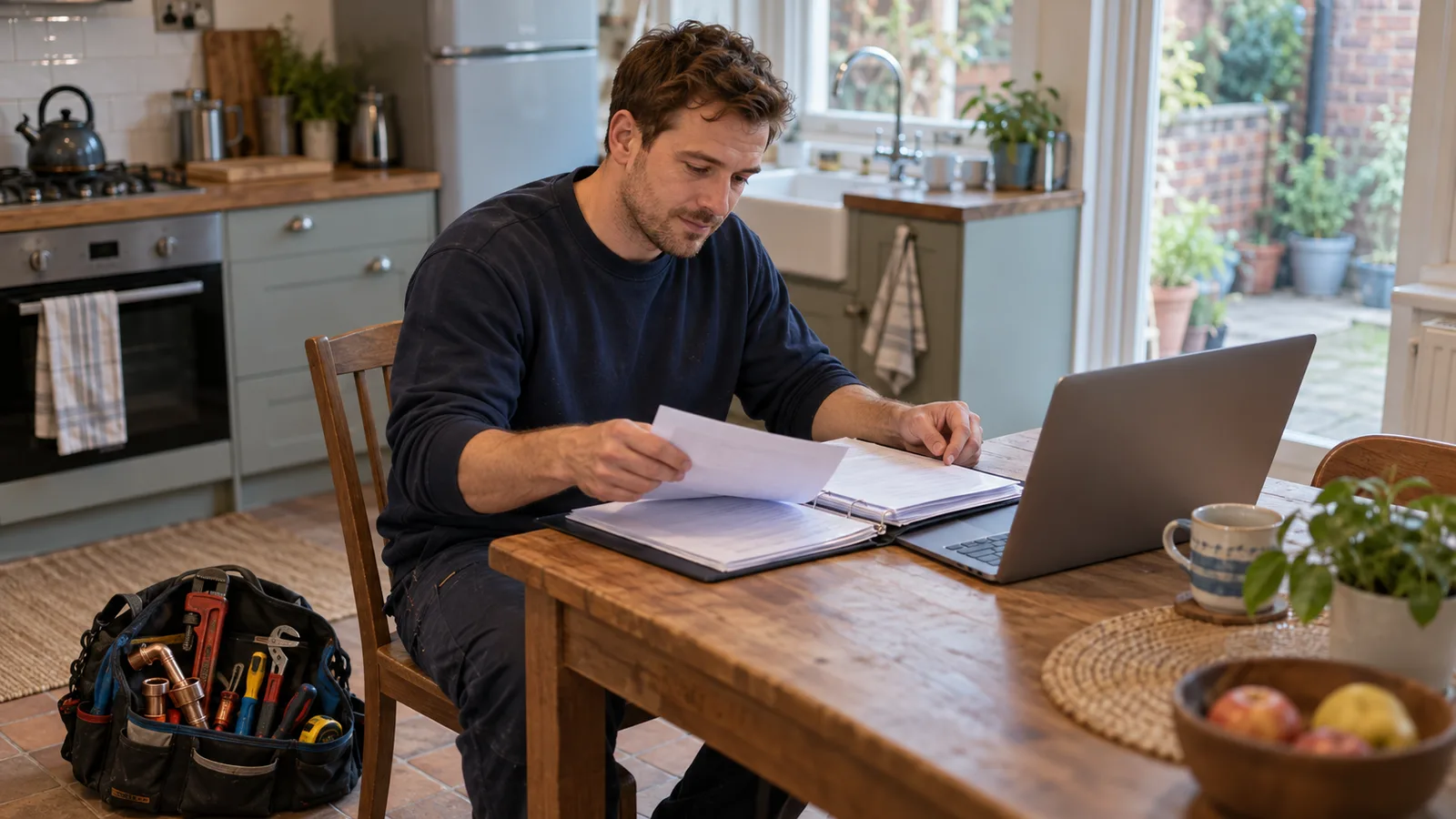 A British plumber sorts work records at his kitchen table beside a laptop, with a tool bag on the floor.