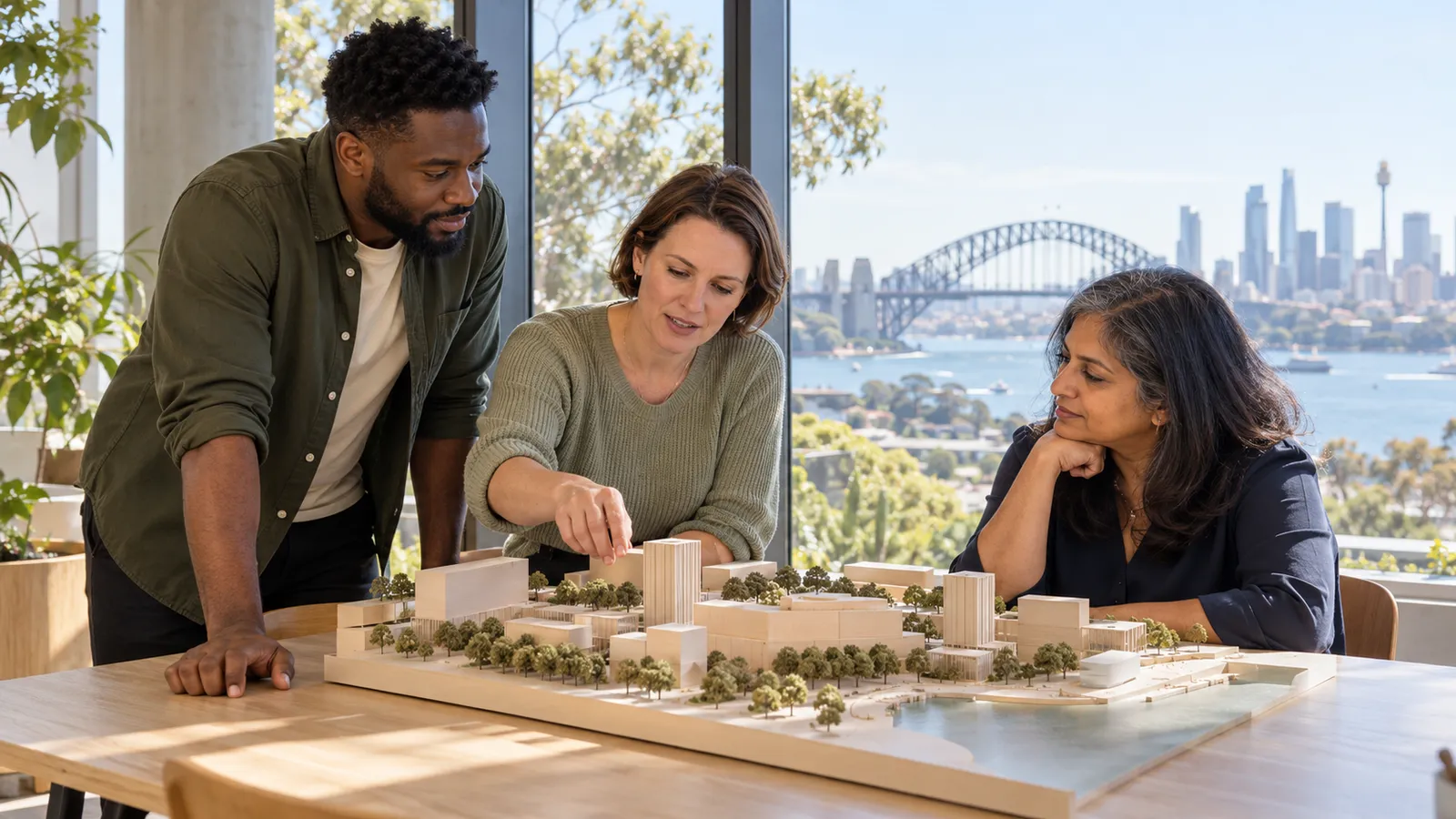 Three colleagues discuss an architectural model in a sunlit office overlooking Sydney Harbour Bridge.