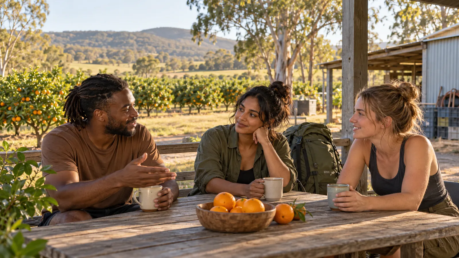 Three backpackers chat over mugs at a wooden table beside a sunlit Australian citrus orchard, with a rucksack nearby.