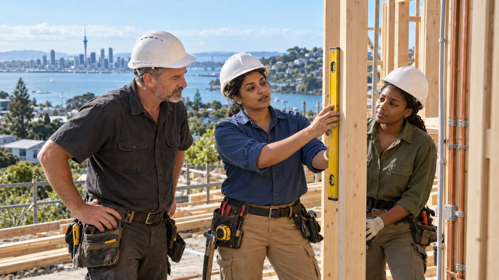 Three tradespeople check a timber house frame at a construction site overlooking Auckland’s harbour and skyline.