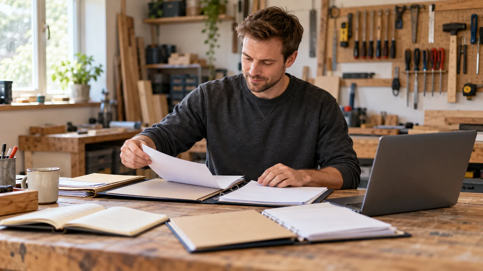 A British tradesman sorts paperwork into folders beside a laptop on a sunlit home workshop bench.