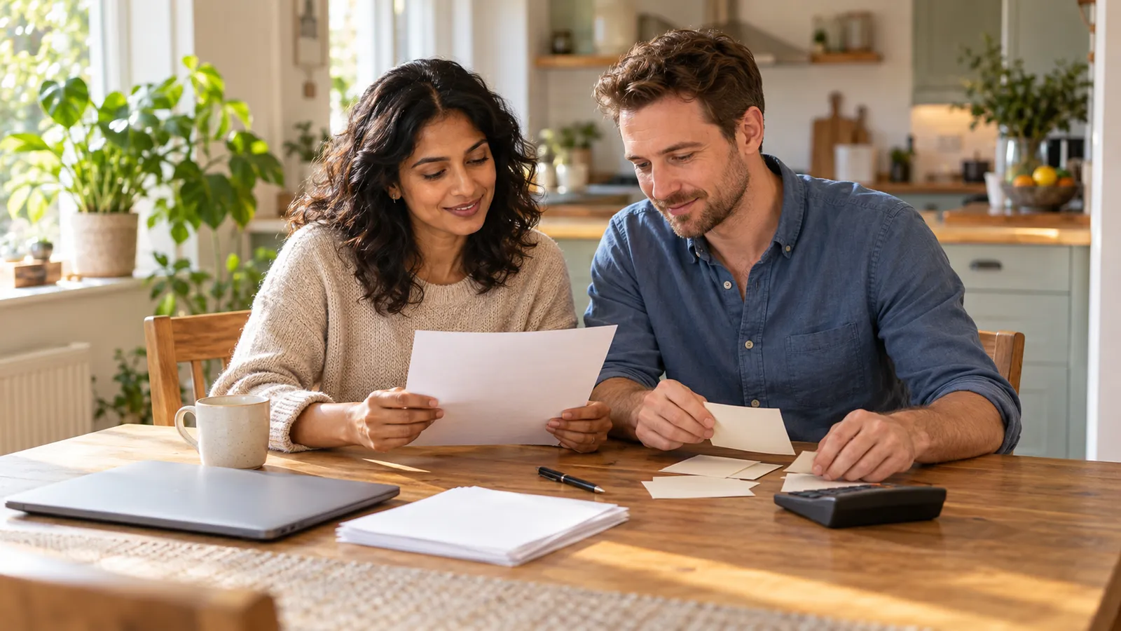A couple review paperwork at a sunlit kitchen table with a calculator, closed laptop and mug.