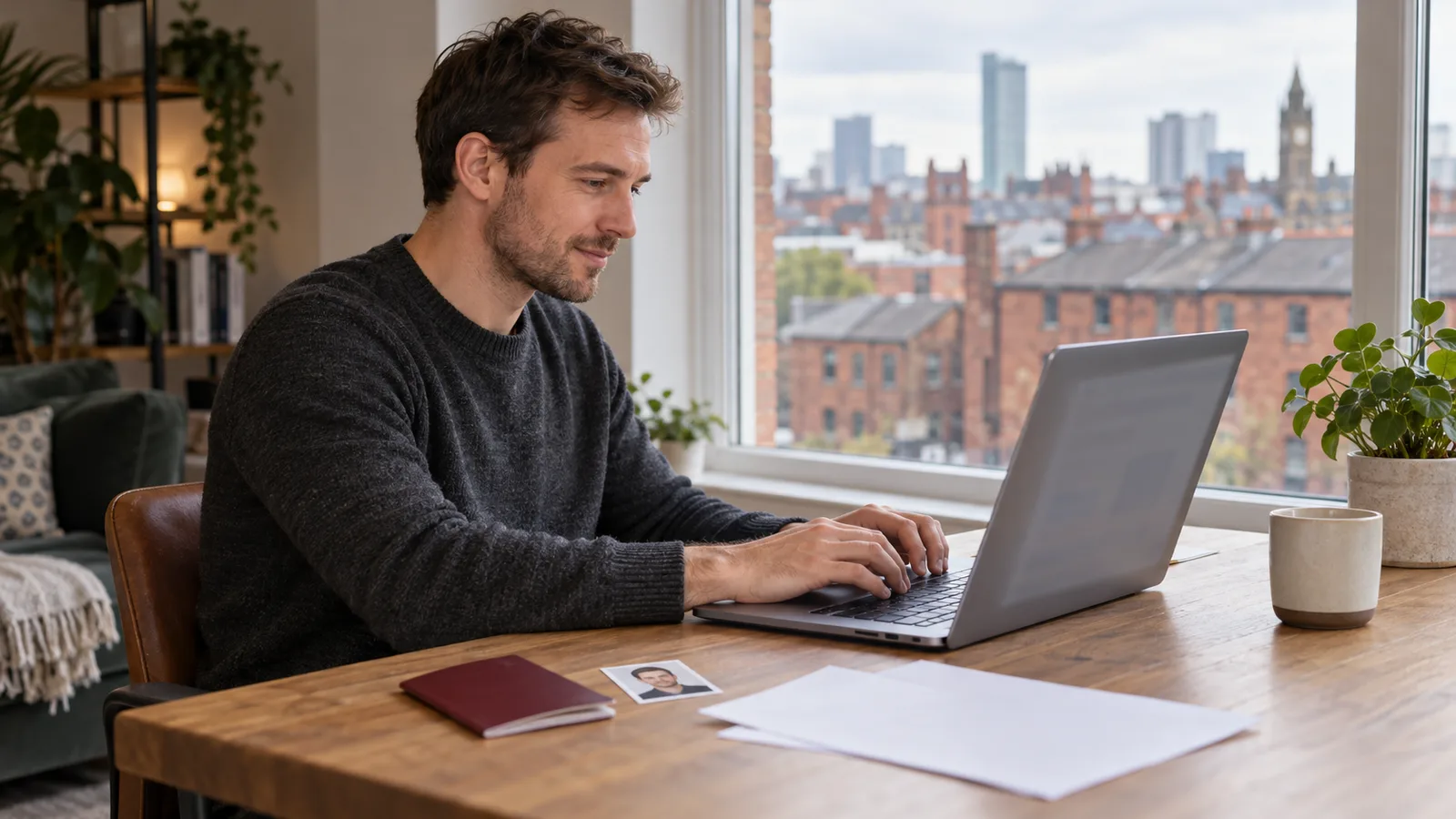 A man uses a laptop by a window in his Manchester flat, with a passport, portrait photo and papers on the desk.