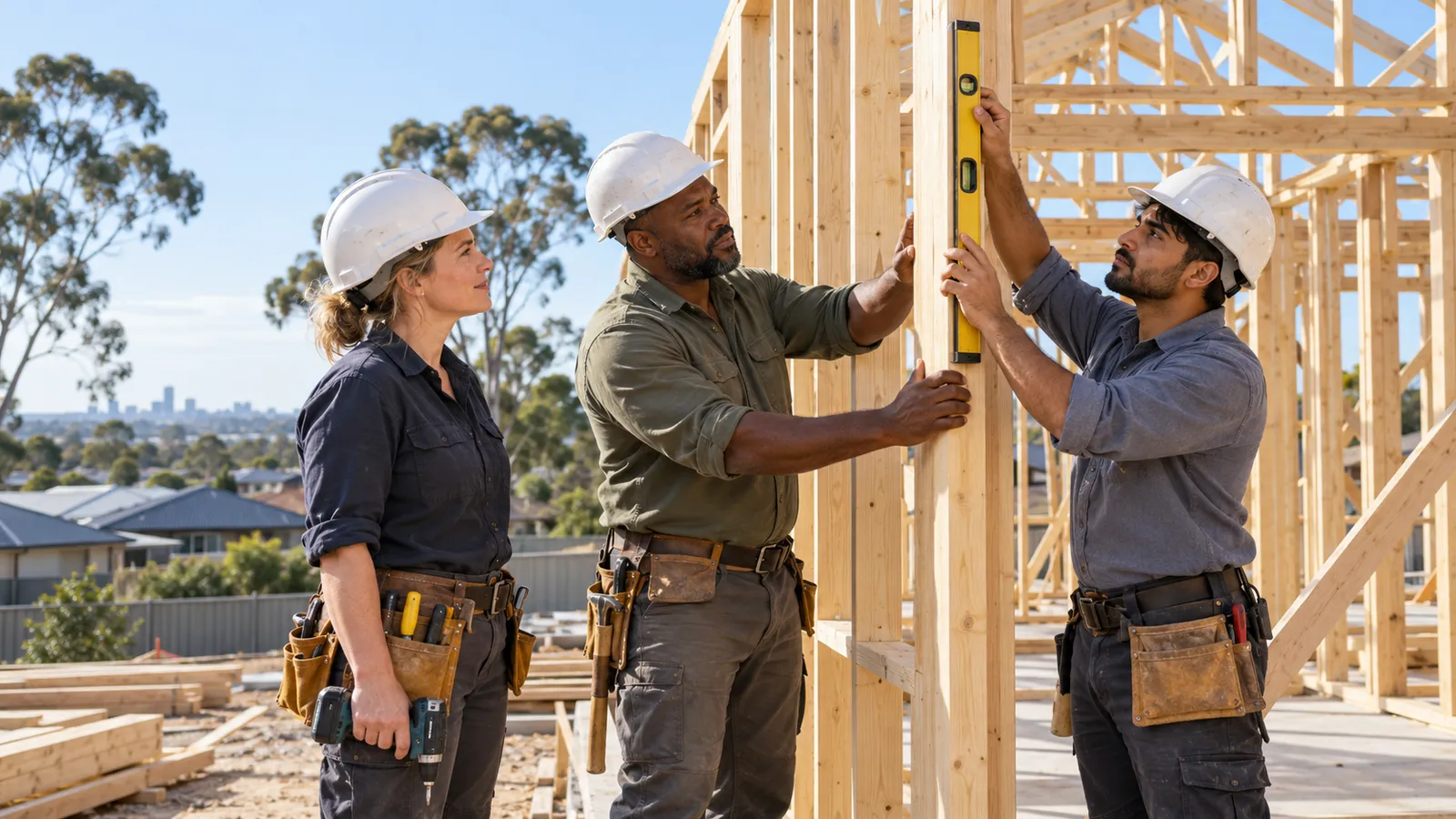 Three tradespeople in hard hats check a timber wall frame with a spirit level at an Australian house construction site.