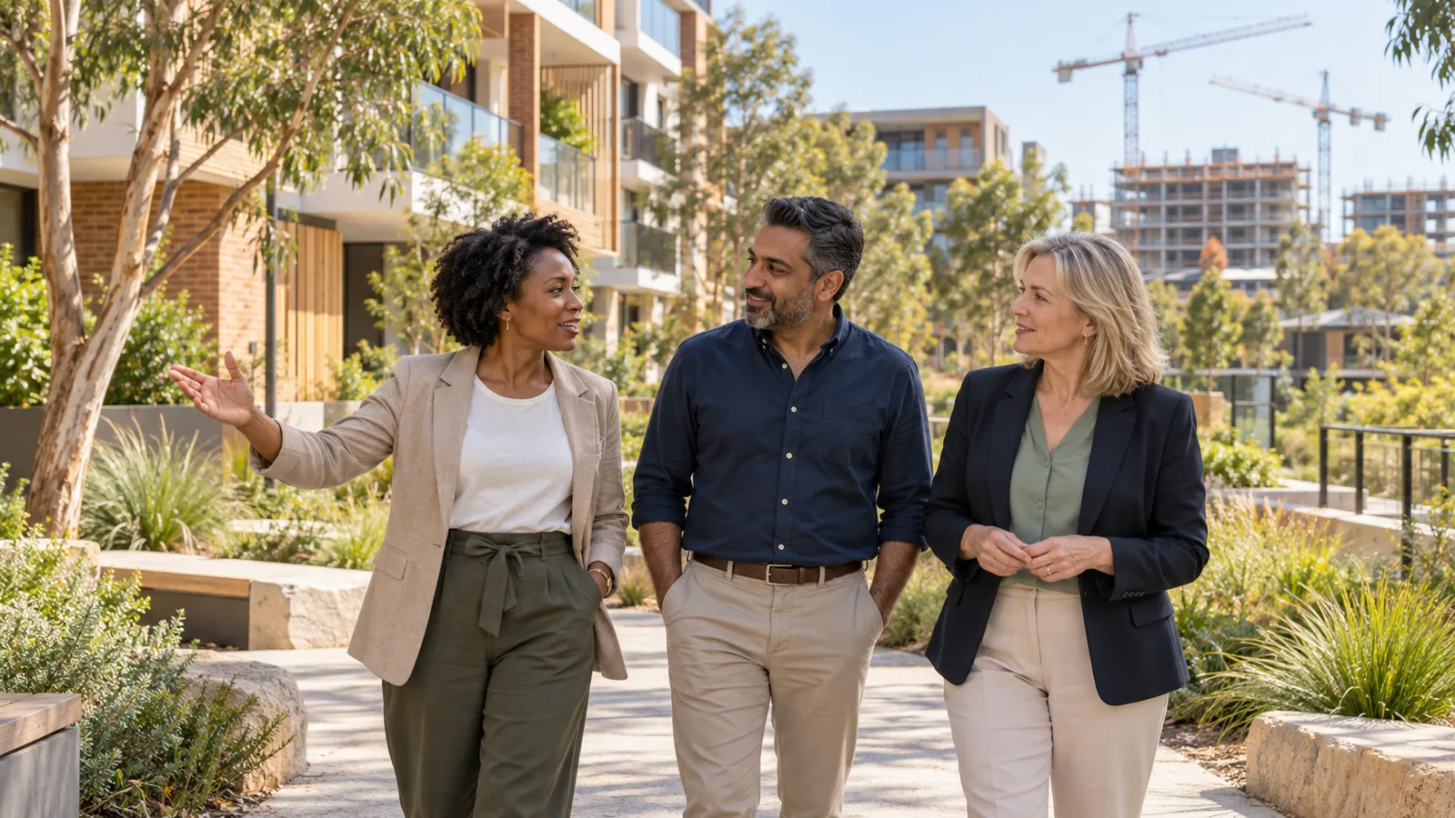 Three colleagues chat in a landscaped Australian courtyard, with new flats and construction cranes behind them.