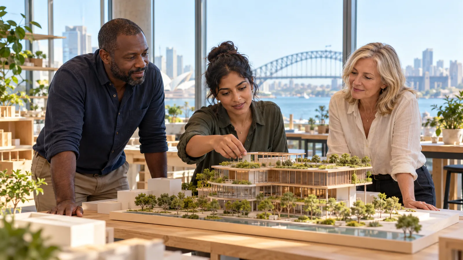 Three colleagues examine an architectural model in a sunlit Sydney studio, with the Harbour Bridge visible through the windows.