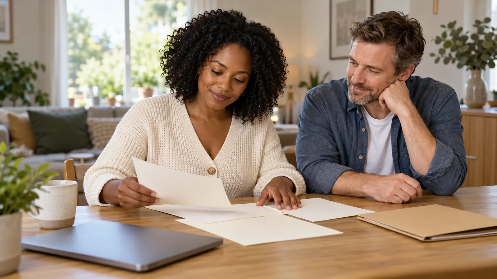 A woman and man review blank papers at a sunlit dining table, with a closed laptop and folder nearby.