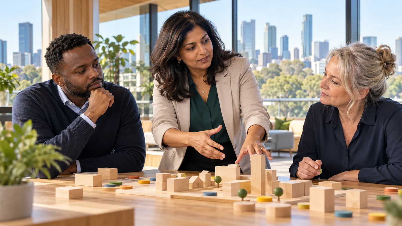 A manager discusses a wooden planning model with two colleagues in a sunlit office overlooking an Australian city.