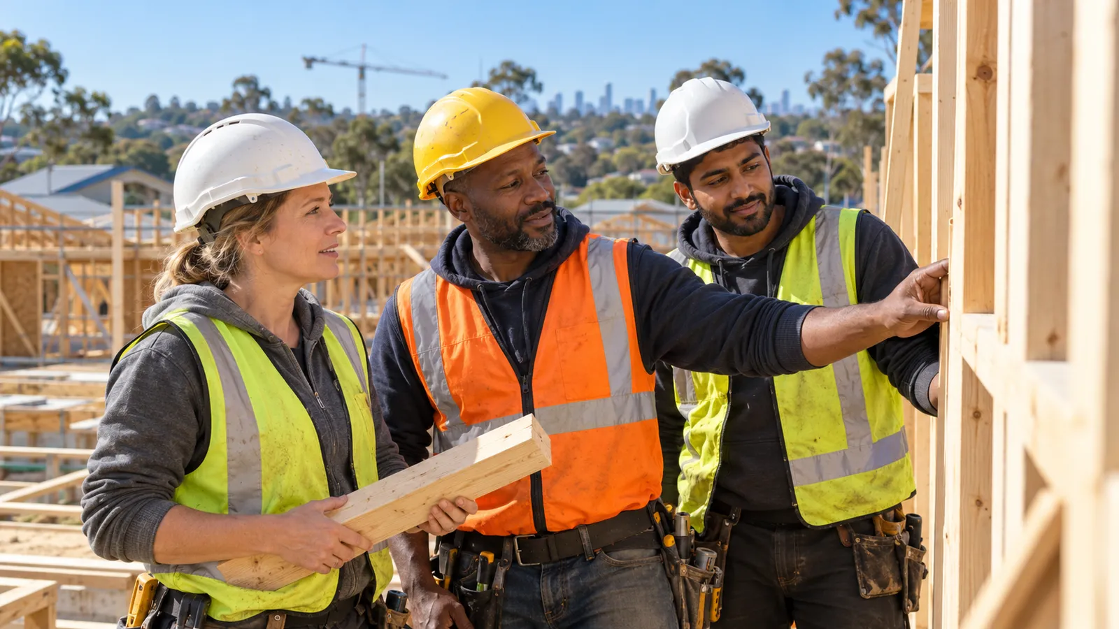 Three tradespeople in hard hats and high-visibility vests inspect timber framing at a sunlit Australian building site.