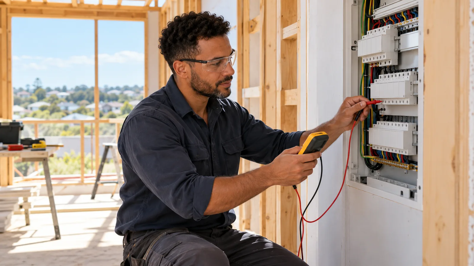 Electrician using a multimeter to test a switchboard in a sunlit Australian house under construction.