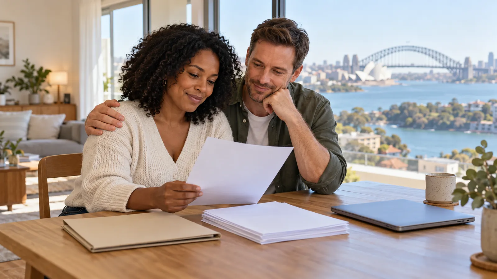 A couple reviews paperwork at a sunlit table in a Sydney flat, with the Harbour Bridge visible through the window.