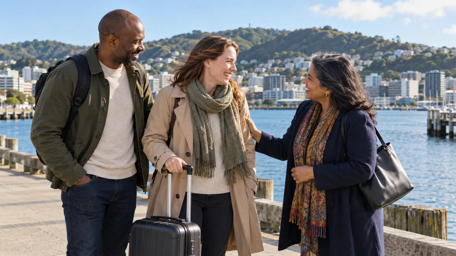 Three adults share a warm greeting beside Wellington harbour, with a suitcase and green hills in the background.