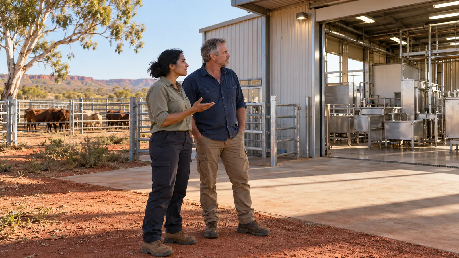Two workers stand outside a meat processing facility in regional Western Australia, with cattle in nearby pens.