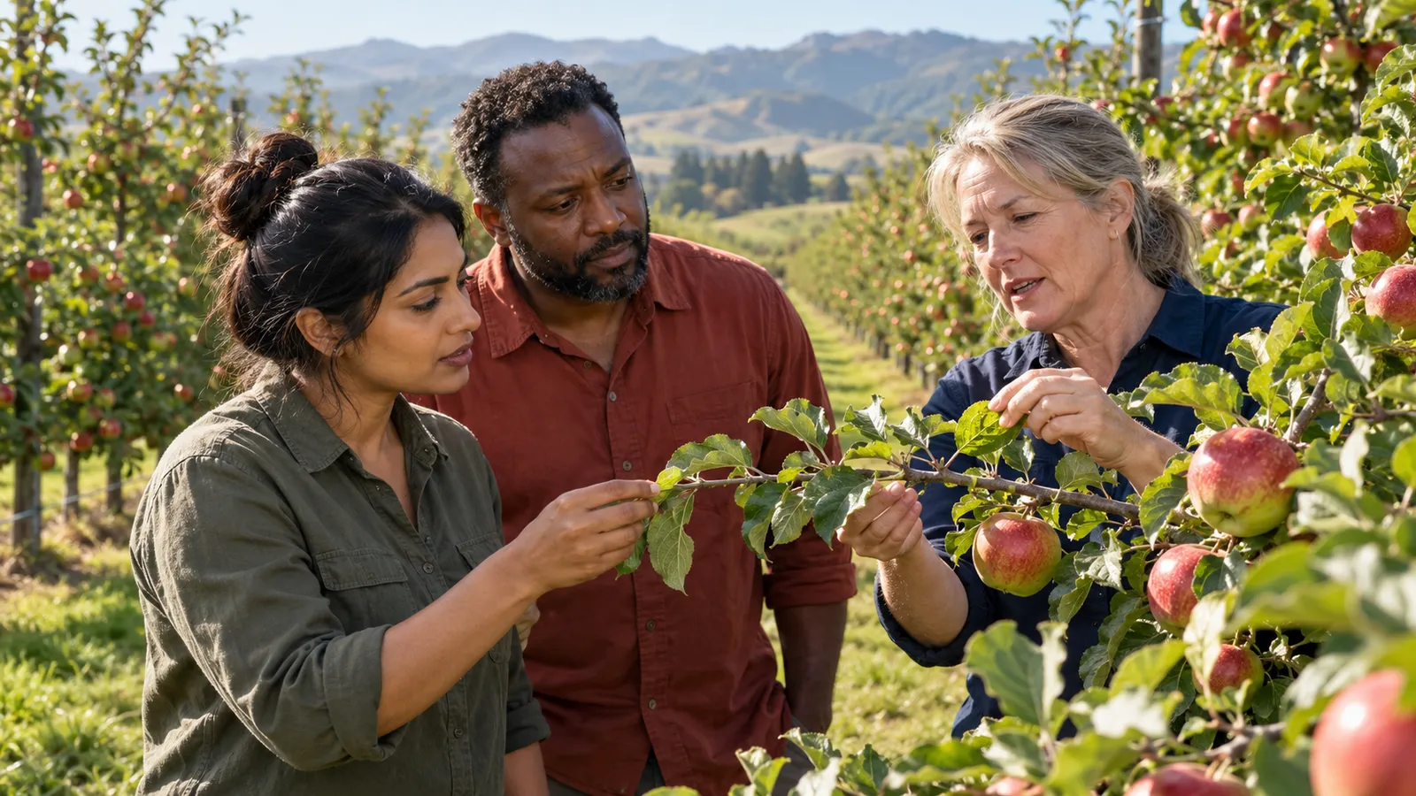 An orchard supervisor shows two workers how to inspect apple leaves during practical training in a sunlit New Zealand orchard.