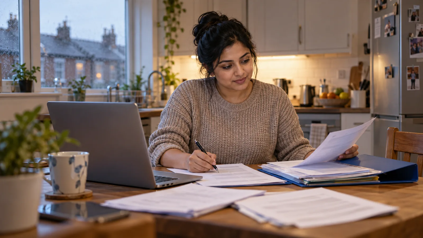 A British Asian woman sorts papers at her kitchen table beside an open laptop and a mug of tea.