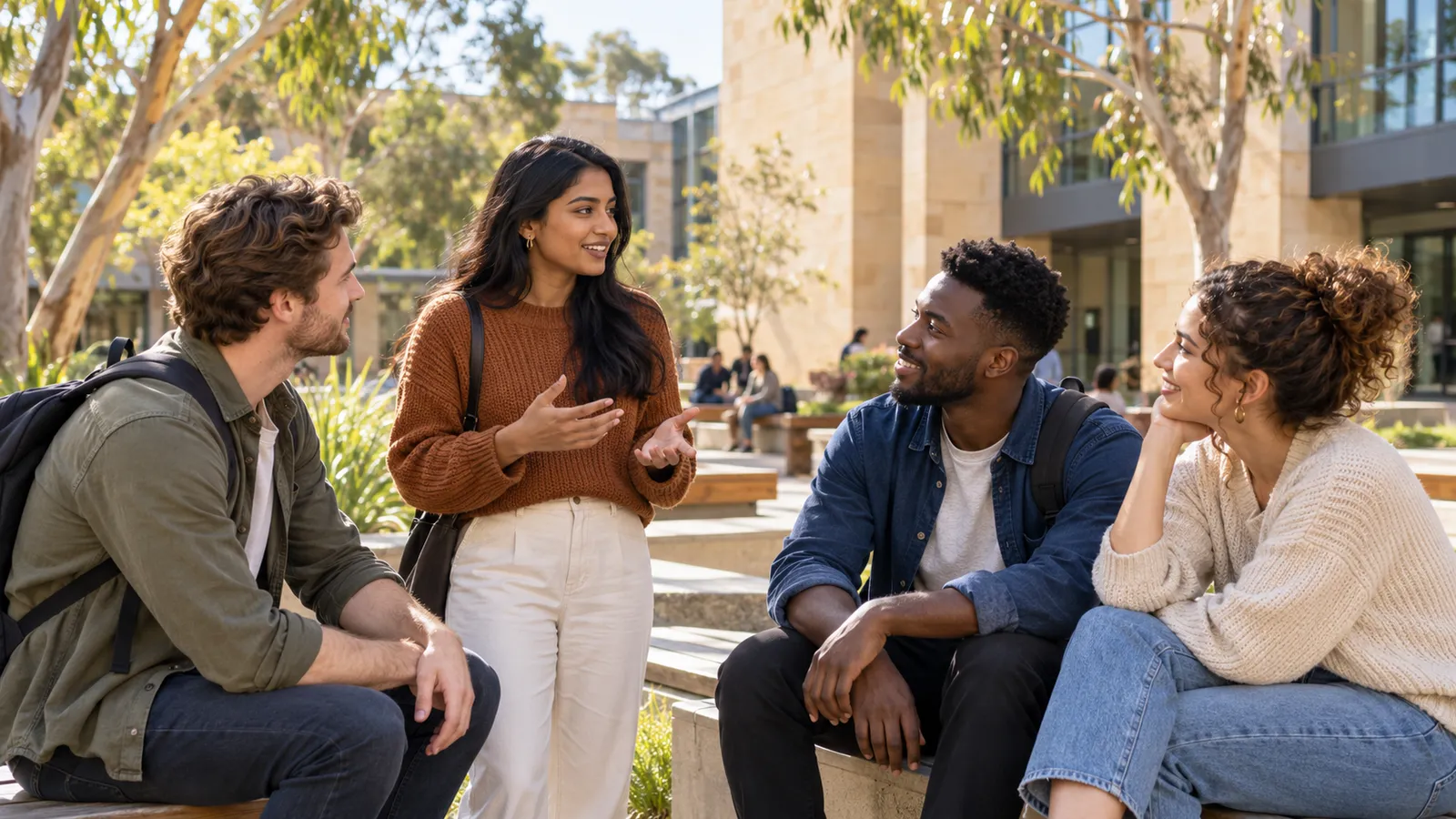 Four students chat in a sunlit Australian university courtyard surrounded by eucalyptus trees and sandstone buildings.