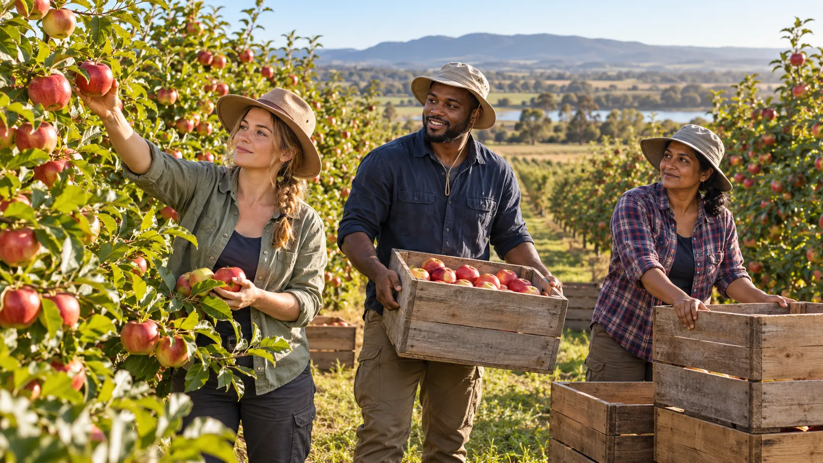 Three workers harvest ripe apples and carry wooden crates in a sunlit Australian orchard.