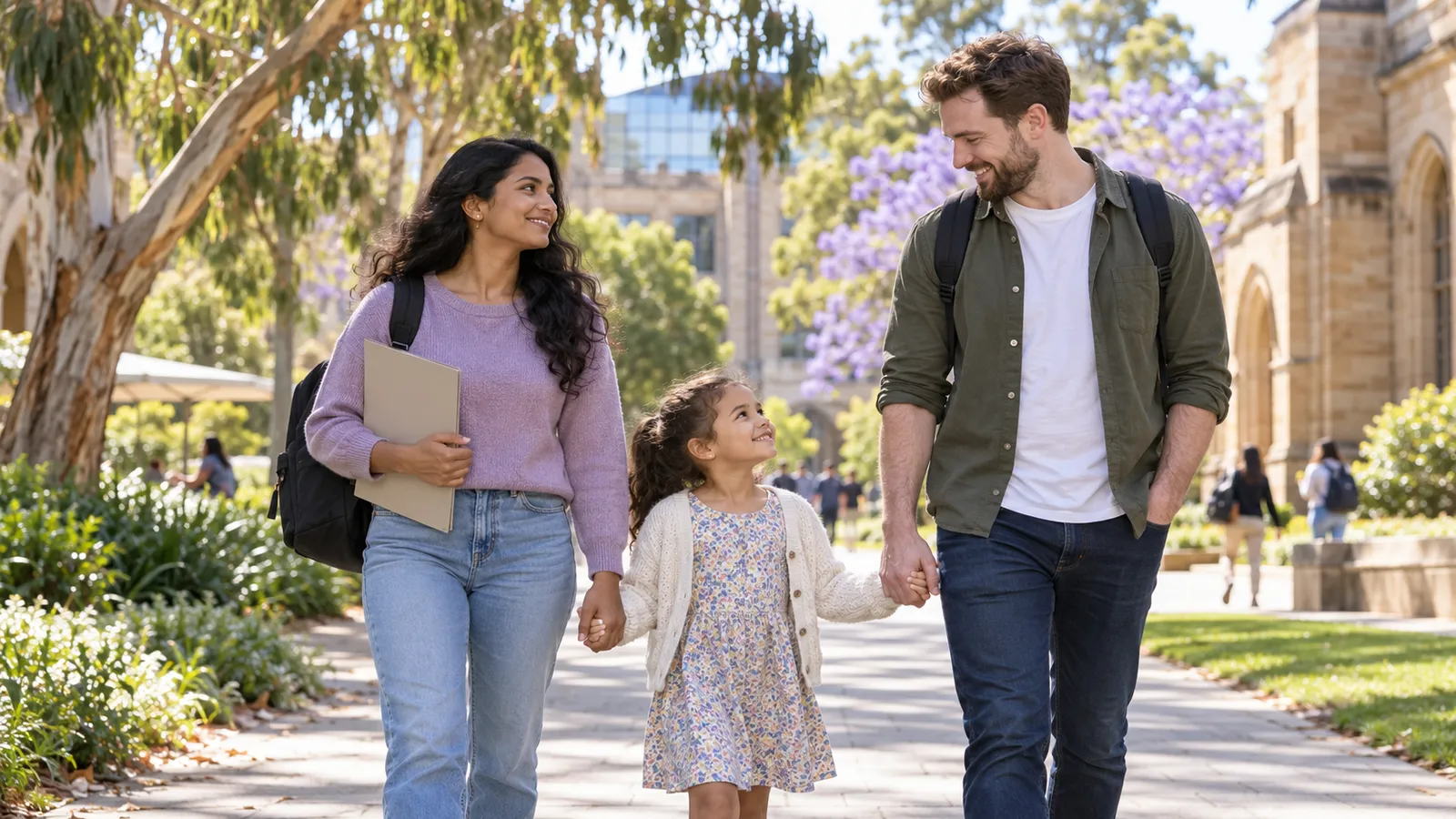A student carrying a folder walks with her partner and young daughter through a sunny Australian university campus.