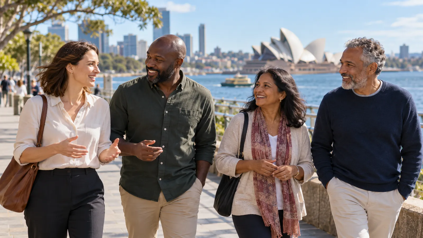 Four adults of varied ages walk and chat beside Sydney Harbour, with the Opera House in the background.