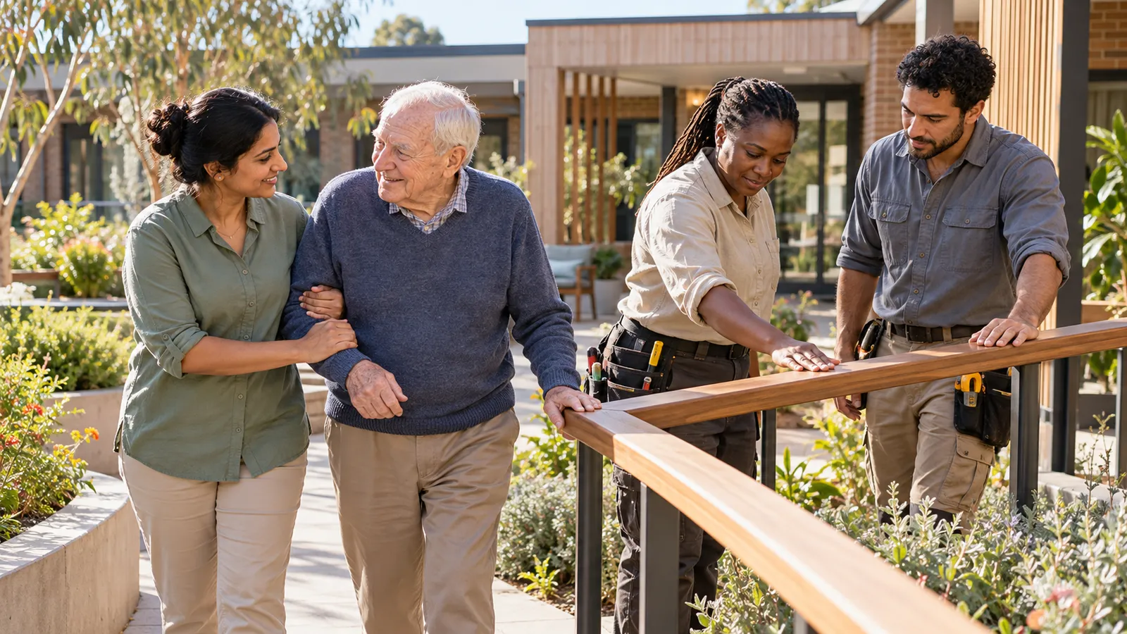 A care worker supports an elderly man while two tradespeople inspect a timber handrail in a sunny Australian courtyard.