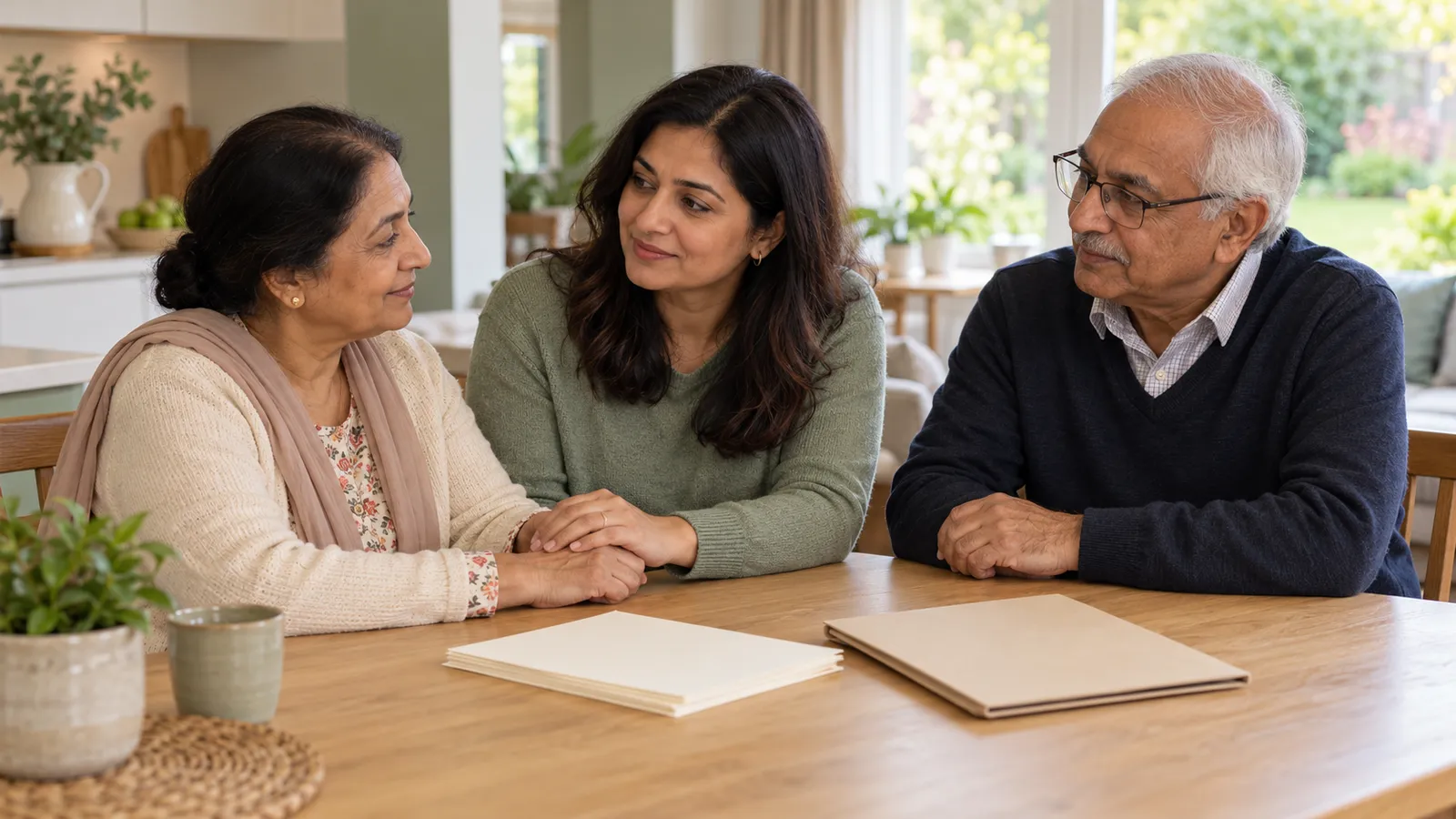 A woman holds her elderly mother's hand as they sit with her father beside blank papers and a folder at a sunlit kitchen table.