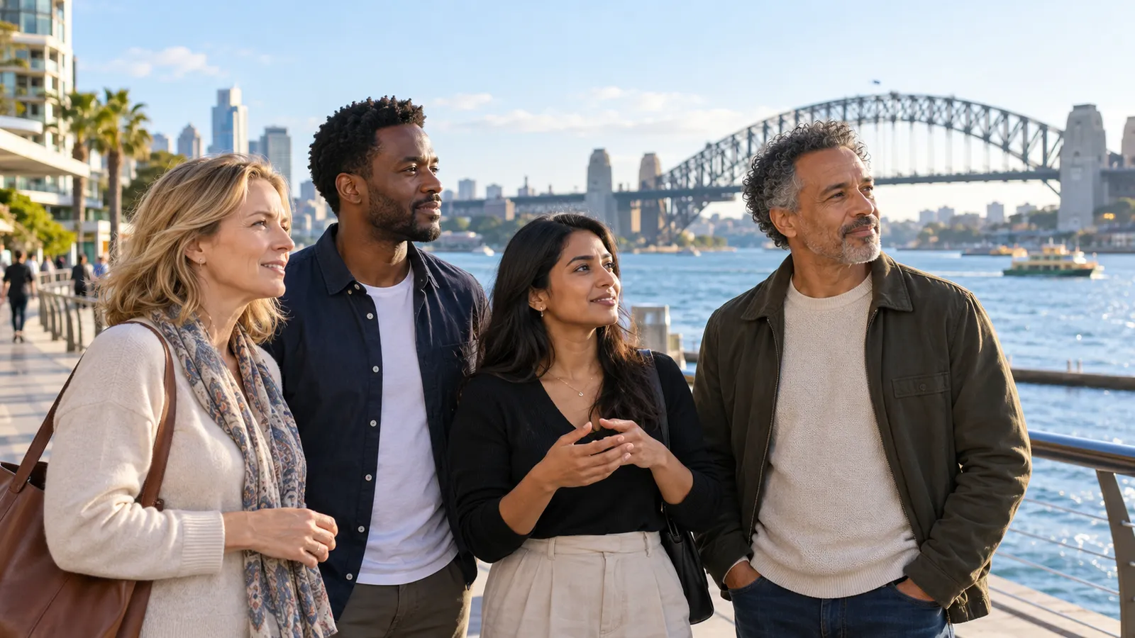 Four adults stand on a sunlit Sydney waterfront promenade with the Harbour Bridge behind them.