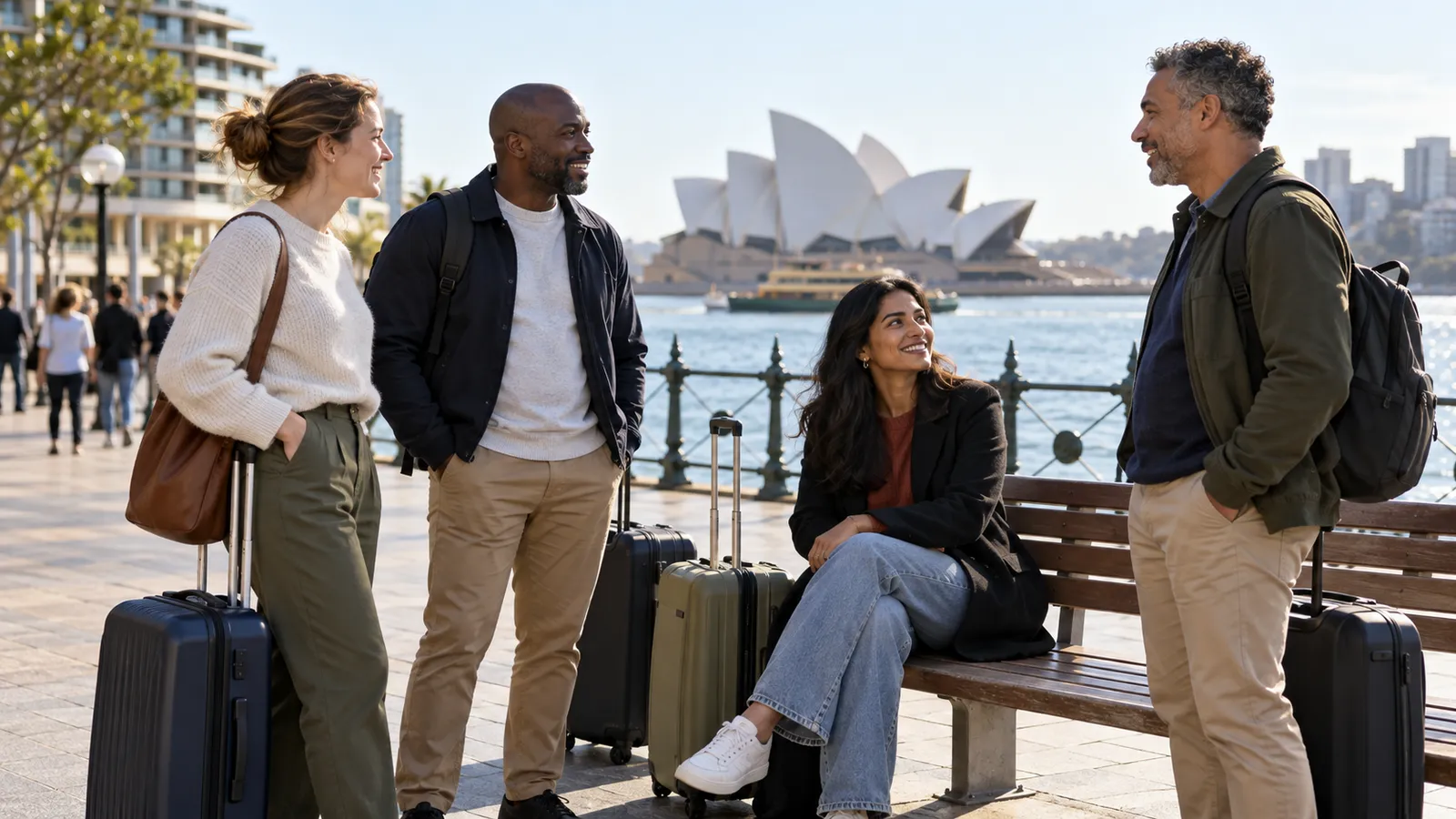 Four adults with suitcases chat beside Sydney Harbour, with the Opera House in the background.