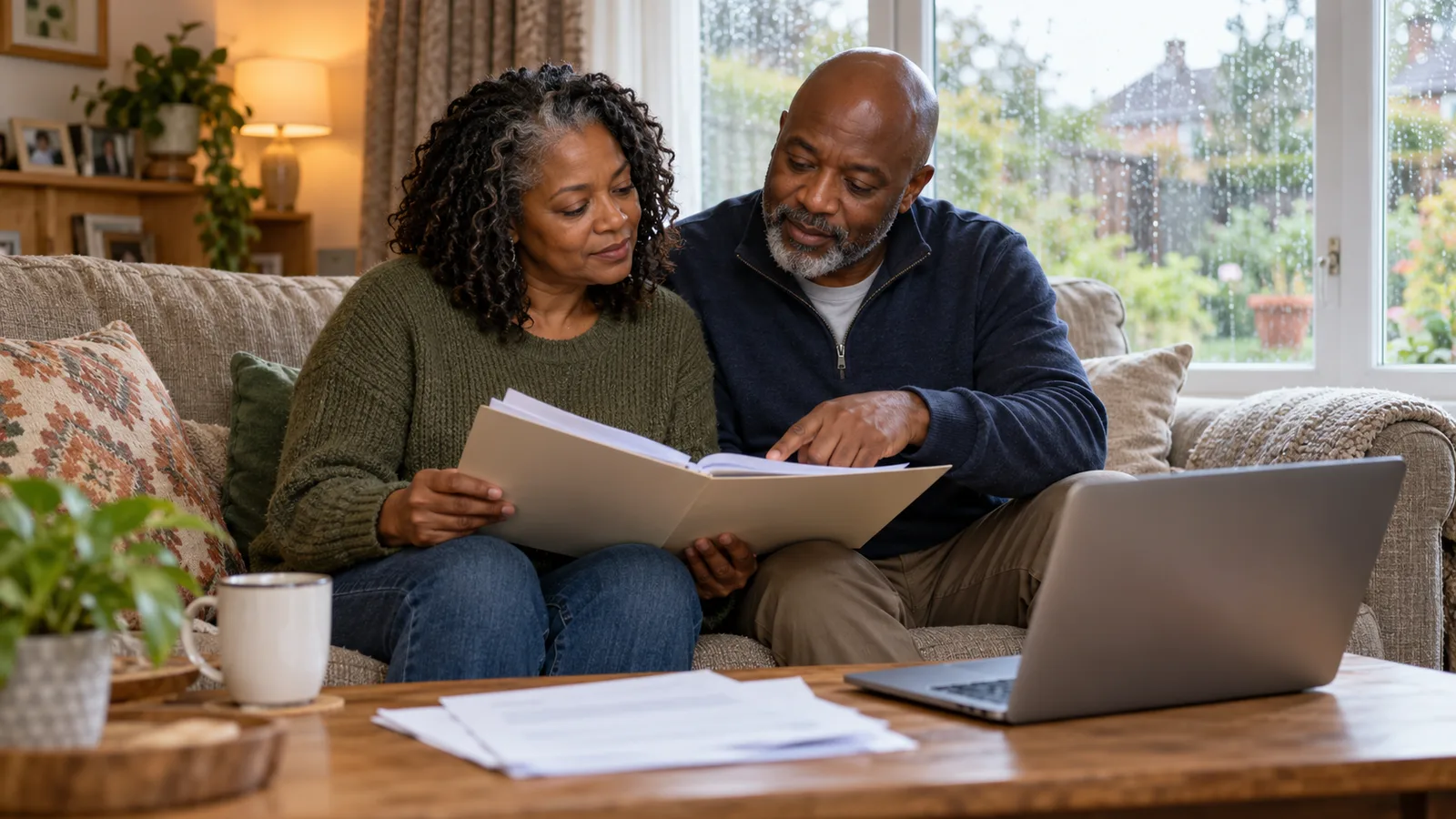 A Black British couple review pension papers on their sofa beside a laptop, with rain on the window behind them.