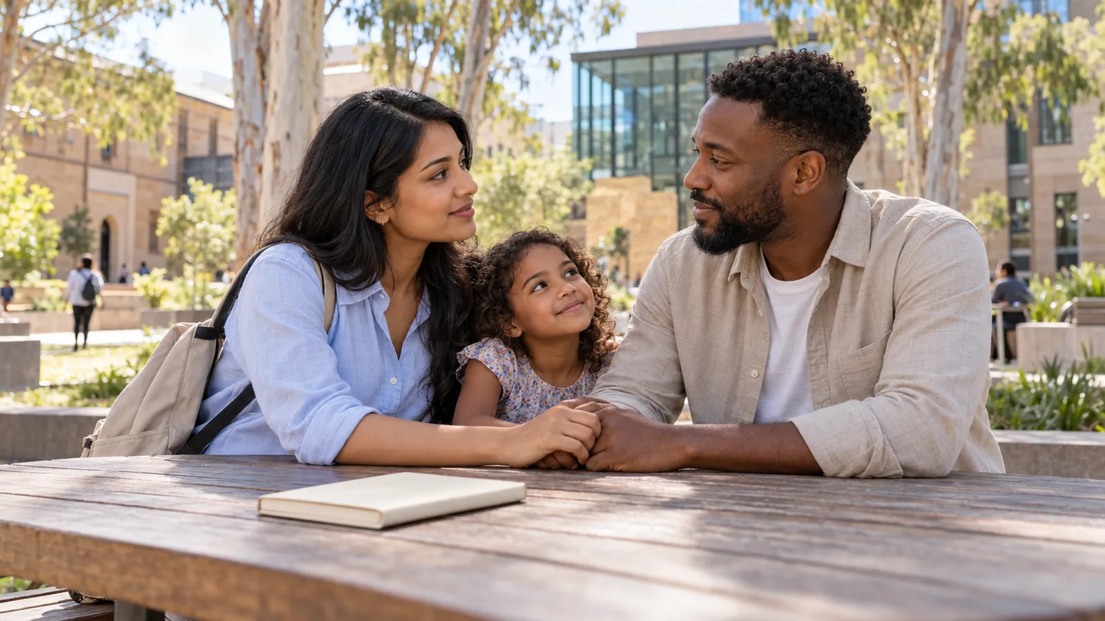A couple hold hands with their young daughter seated between them in a sunlit Australian university courtyard.