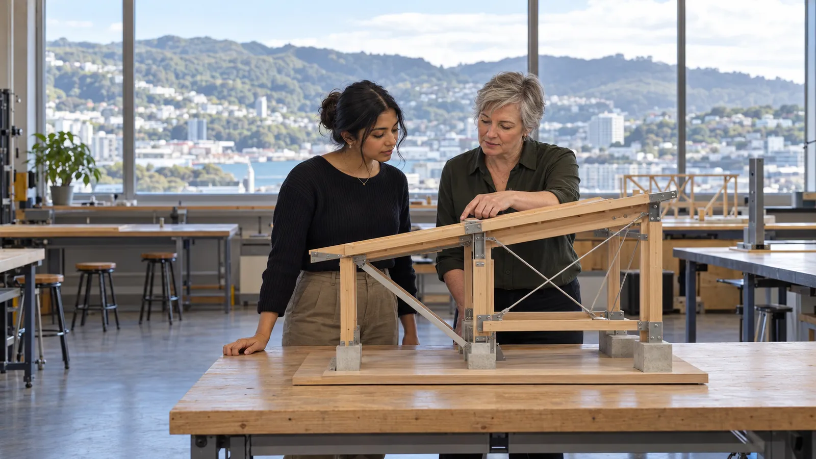 Two women examine a timber and steel structural model in a sunlit engineering workshop overlooking Wellington.