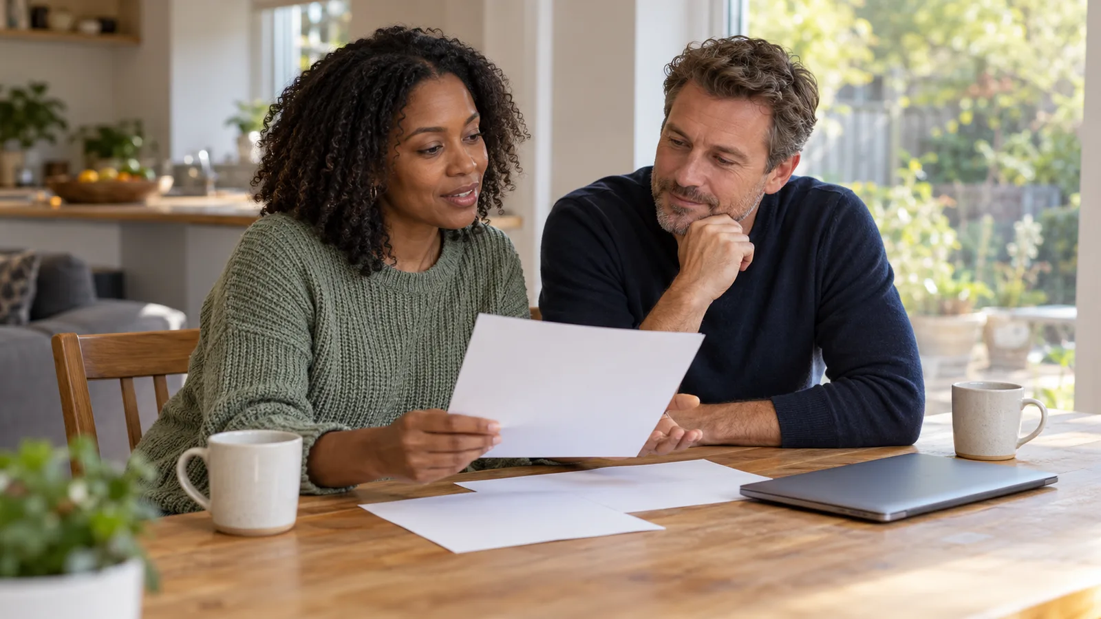 British adults discuss plans to move to Australia, reviewing papers together at a sunlit kitchen table.