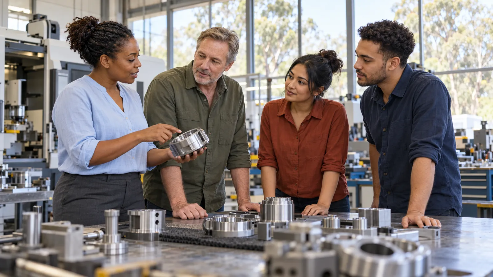 Four colleagues discuss a precision metal component around a workbench in a sunlit Australian manufacturing workshop.