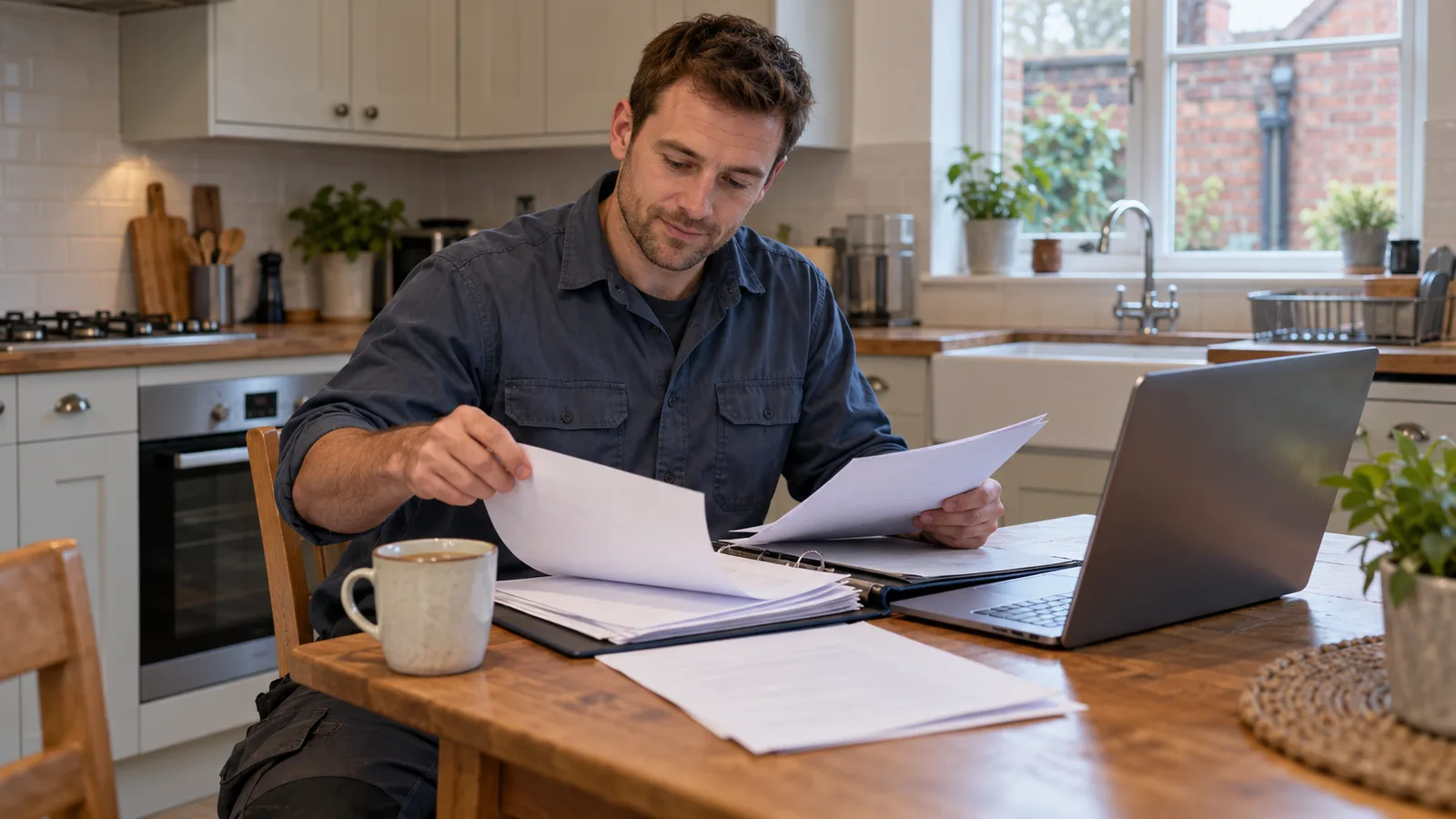 British tradesman sorts paperwork at his kitchen table beside an open laptop and a mug of tea.