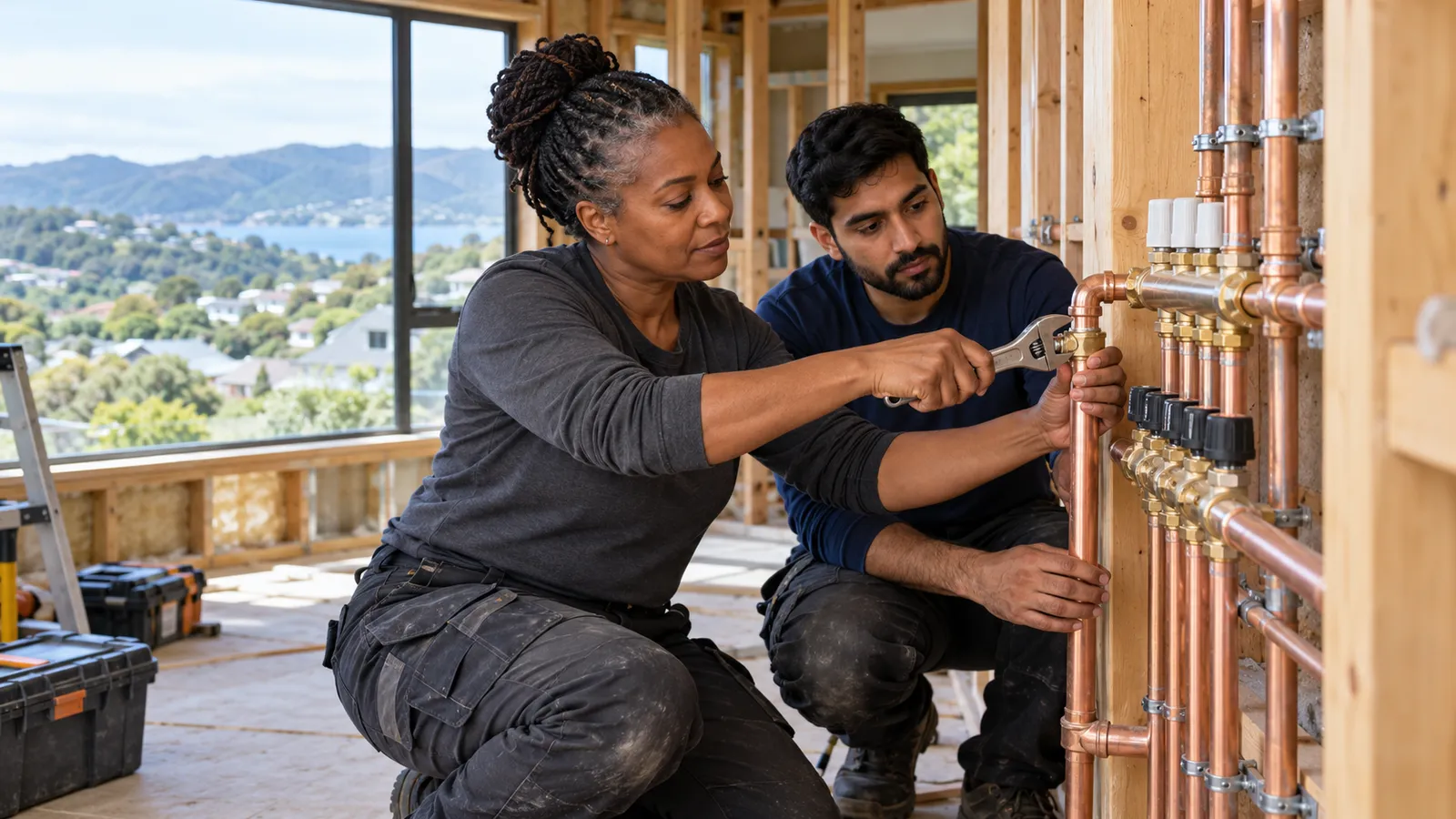 A female plumber and a male apprentice fit copper pipes inside an unfinished New Zealand home overlooking green hills.