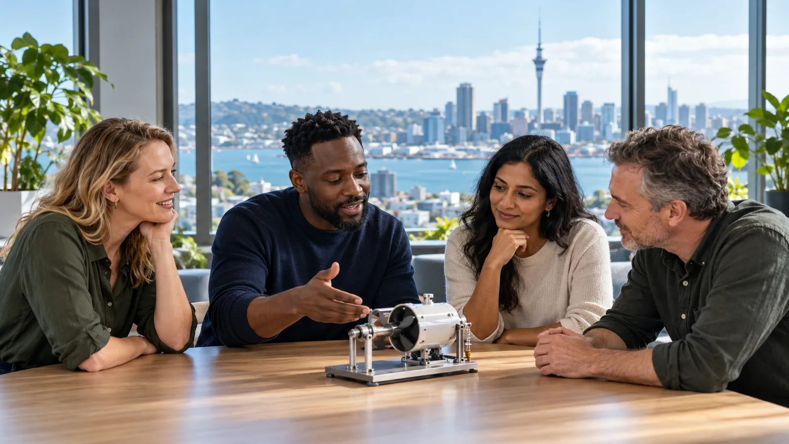 Four professionals discuss an engineering prototype in a sunlit office overlooking Auckland harbour and the Sky Tower.