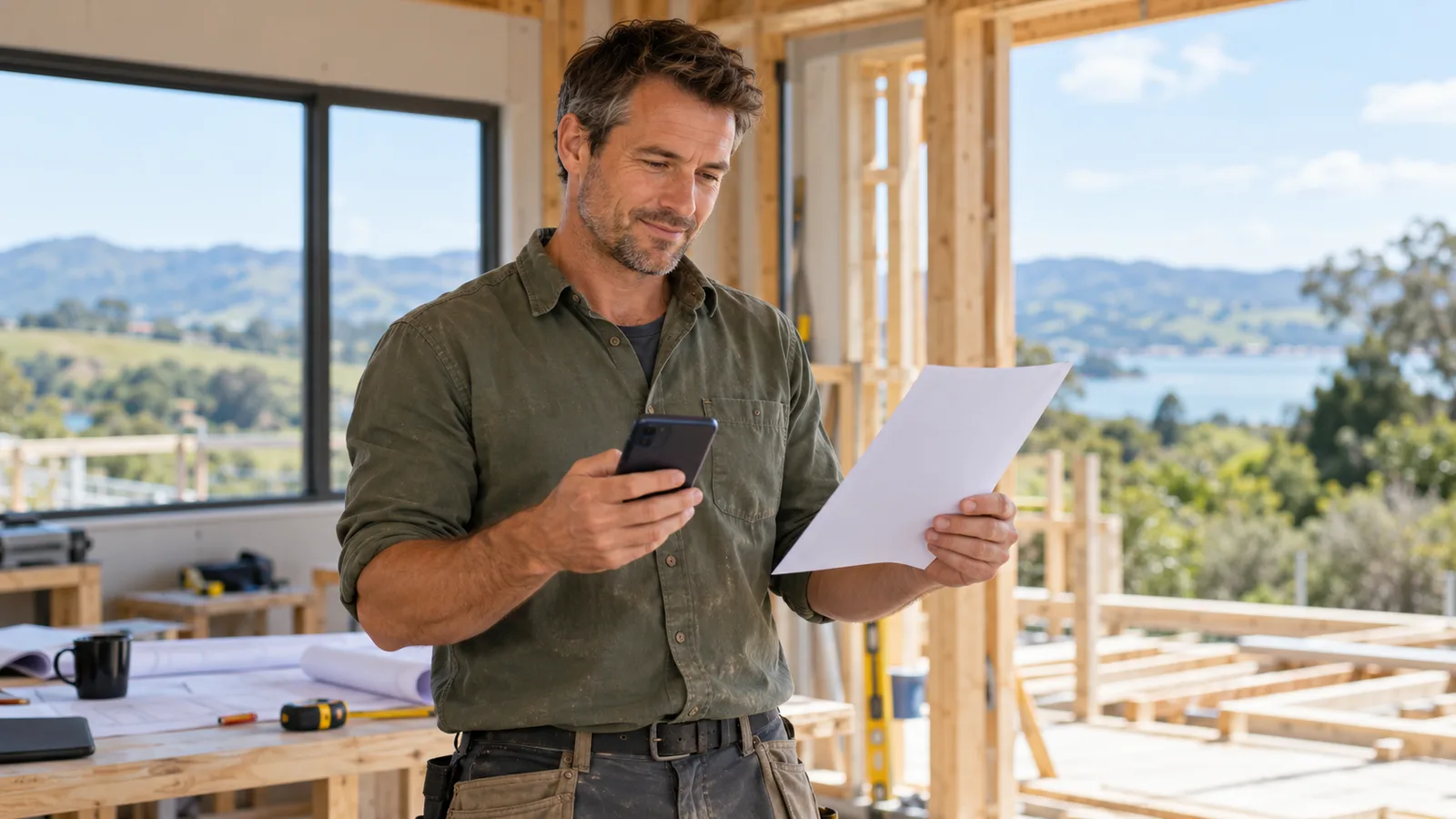British carpenter in a bright New Zealand site office compares a printed job offer with his phone.